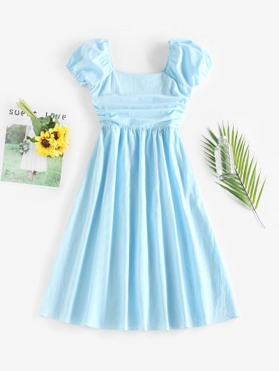 Puff Sleeve Ruched Midi Pastel Dress