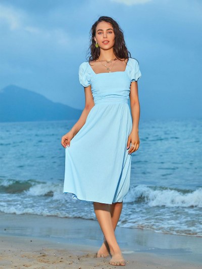 Puff Sleeve Ruched Midi Pastel Dress