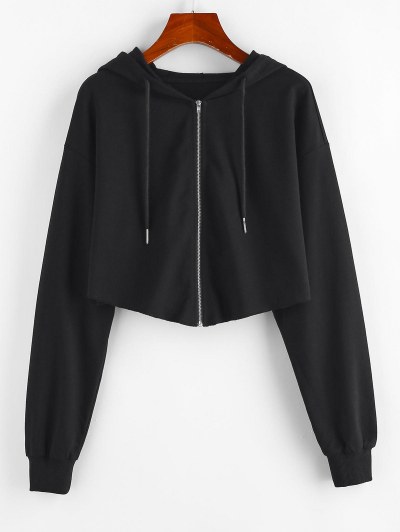Raw Hem Zip Up Cropped Hoodie