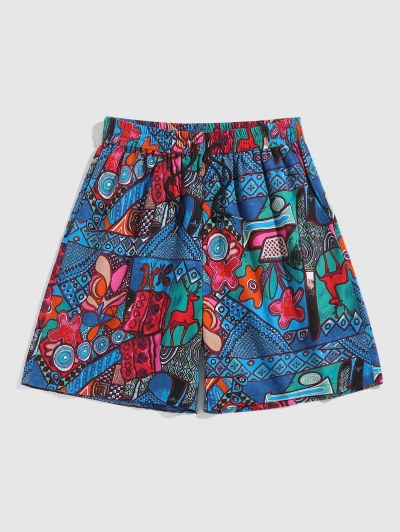 Retro Animal Flowers Print Drawstring Beach Shorts
