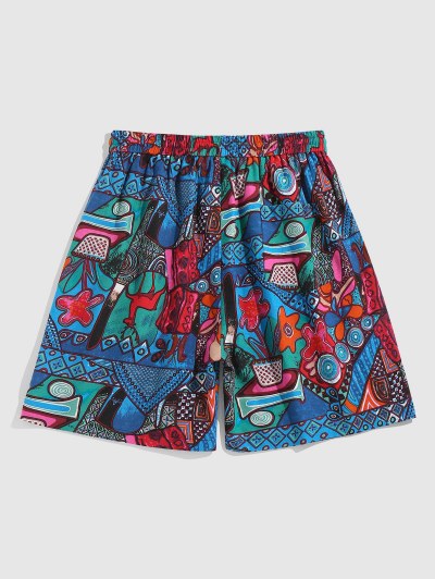 Retro Animal Flowers Print Drawstring Beach Shorts