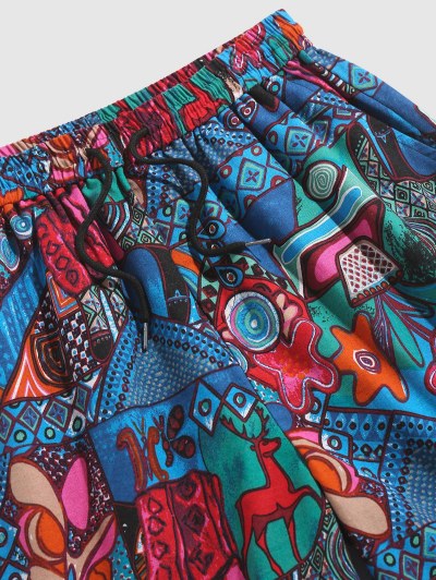 Retro Animal Flowers Print Drawstring Beach Shorts