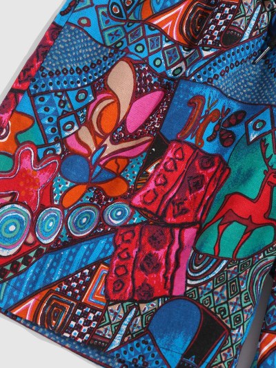 Retro Animal Flowers Print Drawstring Beach Shorts