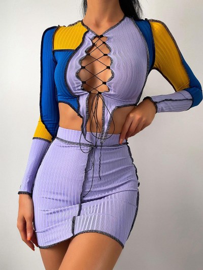 Ribbed Colorblock Topstitching Lace Up Skirt Set