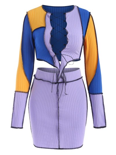 Ribbed Colorblock Topstitching Lace Up Skirt Set