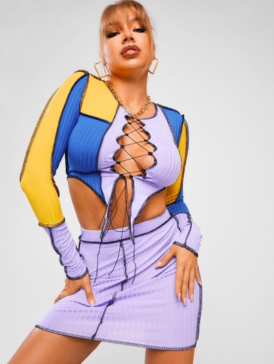 Ribbed Colorblock Topstitching Lace Up Skirt Set