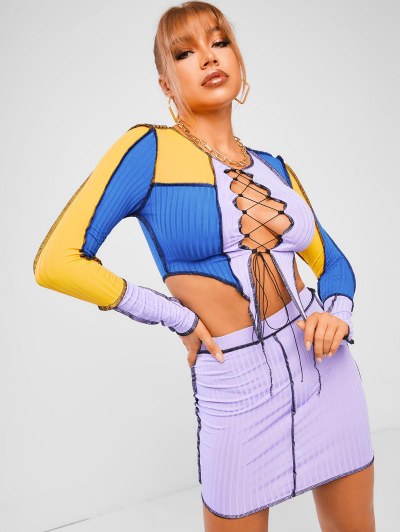 Ribbed Colorblock Topstitching Lace Up Skirt Set