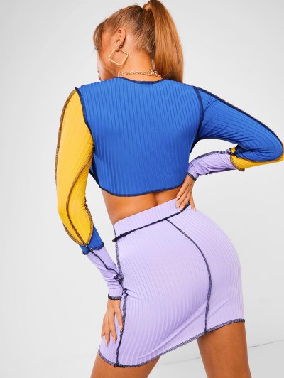 Ribbed Colorblock Topstitching Lace Up Skirt Set