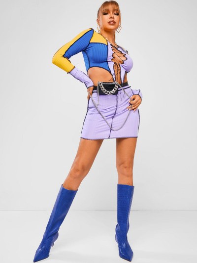 Ribbed Colorblock Topstitching Lace Up Skirt Set