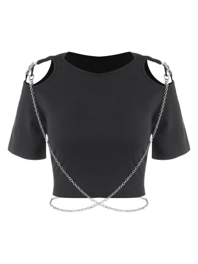 Ribbed Cropped Criss Cross Chains Cutout Tee