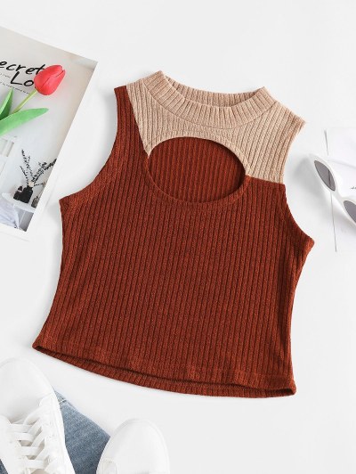 Ribbed Cutout Two Tone Tank Top