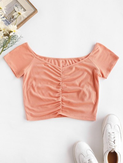 Ribbed Plunge Crop Ruched Baby Tee