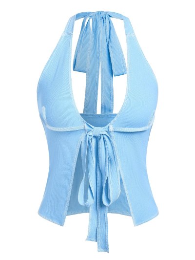 Ribbed Topstitching Tie Front Slit Halter Top