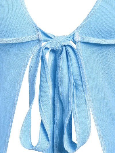 Ribbed Topstitching Tie Front Slit Halter Top