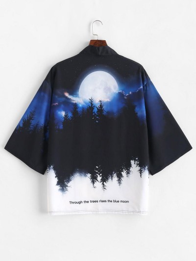 Rising Moon Through Tree Forest Print Open Front Kimono Cardigan