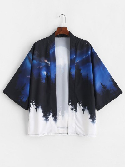 Rising Moon Through Tree Forest Print Open Front Kimono Cardigan