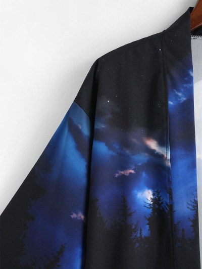 Rising Moon Through Tree Forest Print Open Front Kimono Cardigan