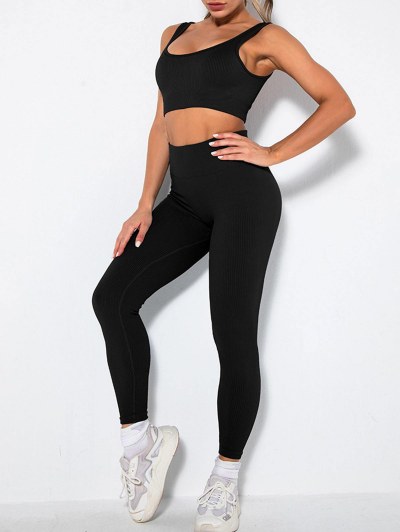 Seamless Knit Ridded Backless Yoga Sports Tank Top And Pants