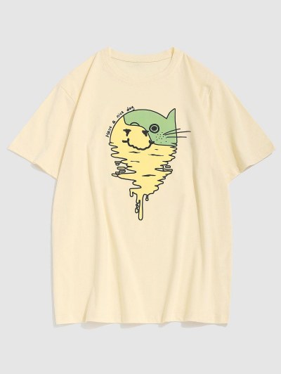 Short Sleeve Abstract Cat Print Graphic T-shirt