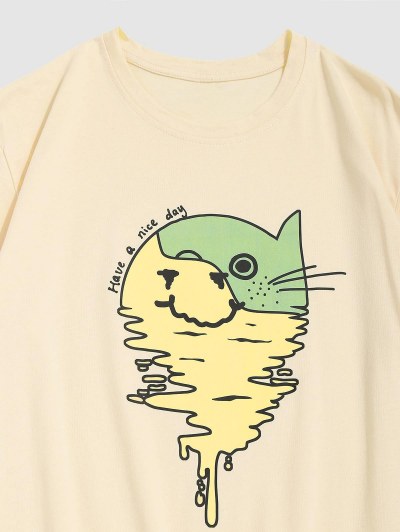 Short Sleeve Abstract Cat Print Graphic T-shirt