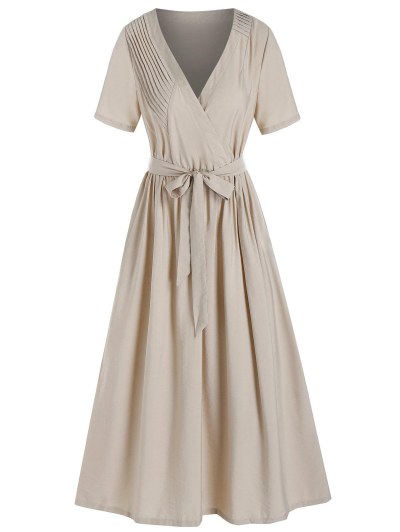 Short Sleeve Pintuck Detail Belted Dress