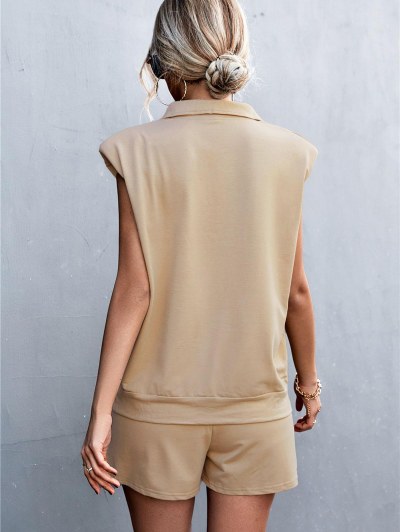 Shoulder Padded V Notched Pocket Shorts Set