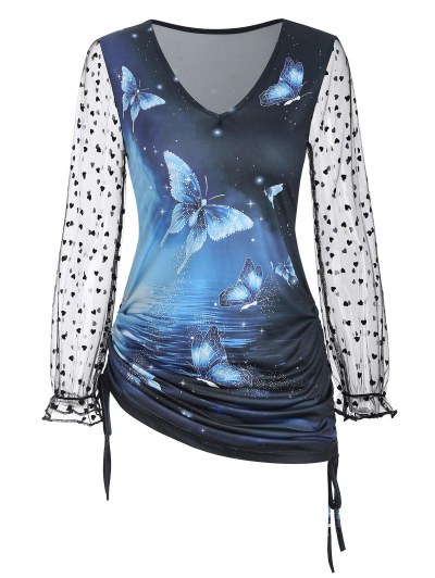 Side Cinched Ruched Butterfly Print Mesh Sleeves Top