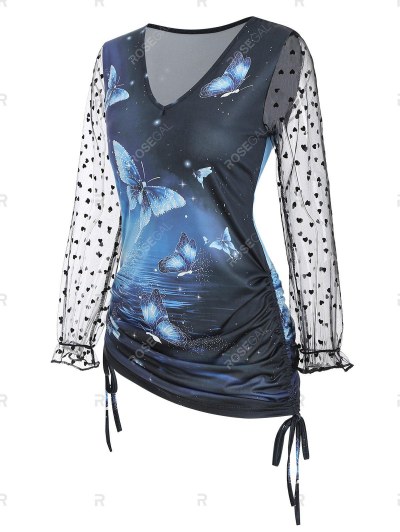 Side Cinched Ruched Butterfly Print Mesh Sleeves Top