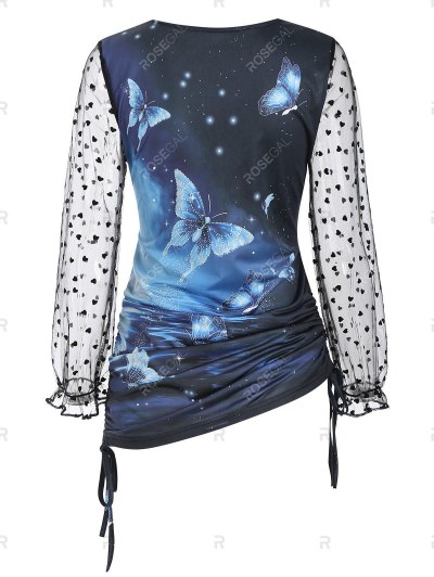 Side Cinched Ruched Butterfly Print Mesh Sleeves Top