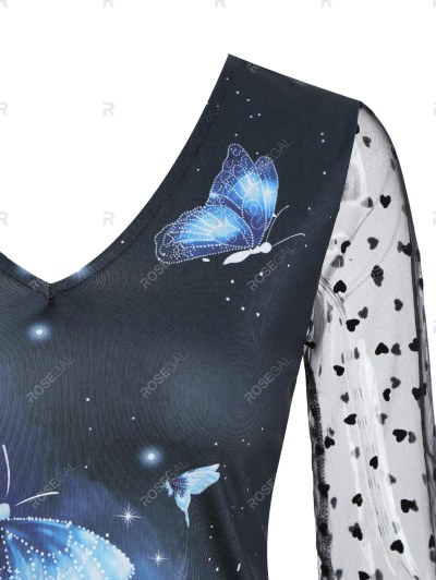 Side Cinched Ruched Butterfly Print Mesh Sleeves Top