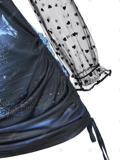 Side Cinched Ruched Butterfly Print Mesh Sleeves Top