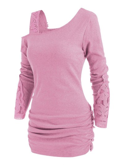 Skew Neck Lace Insert Blouson Knitwear