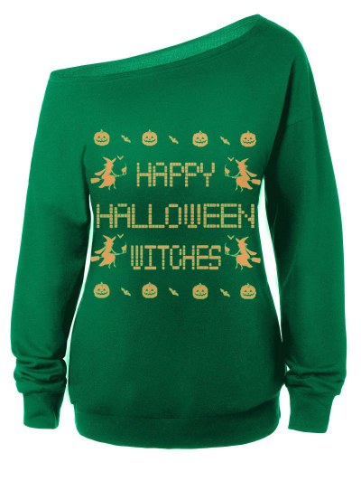 Skew Neck Witches Print Halloween Sweatshirt