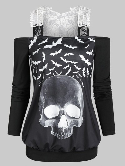 Skull Bat Print Cold Shoulder Two Piece T Shirt