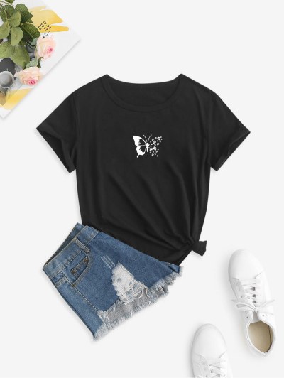 Skull Butterfly Print Short Sleeve T Shirt