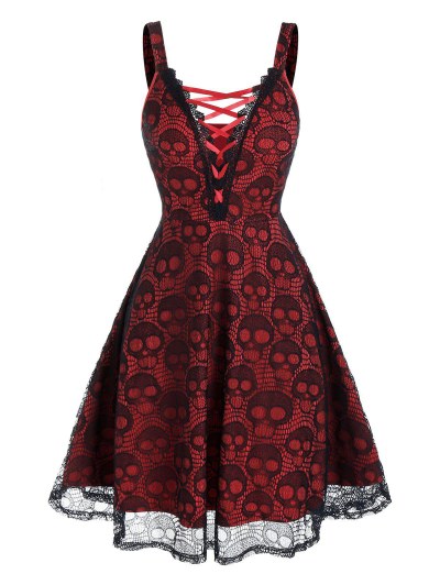 Sleeveless Halloween Criss-cross Skull Lace Dress
