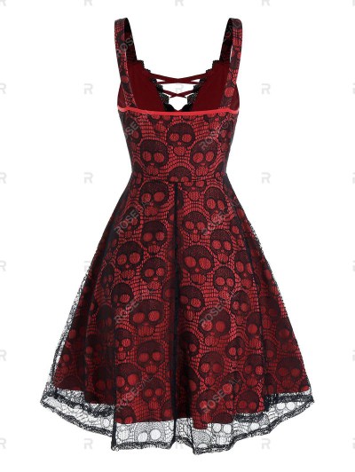 Sleeveless Halloween Criss-cross Skull Lace Dress