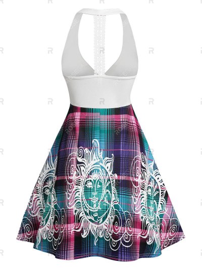 Sleeveless Plaid Sun Moon Print Crossover Dress