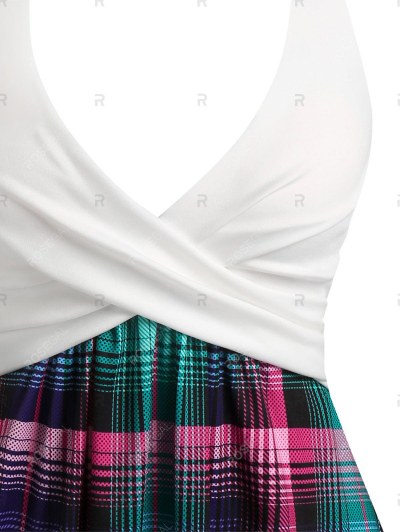 Sleeveless Plaid Sun Moon Print Crossover Dress