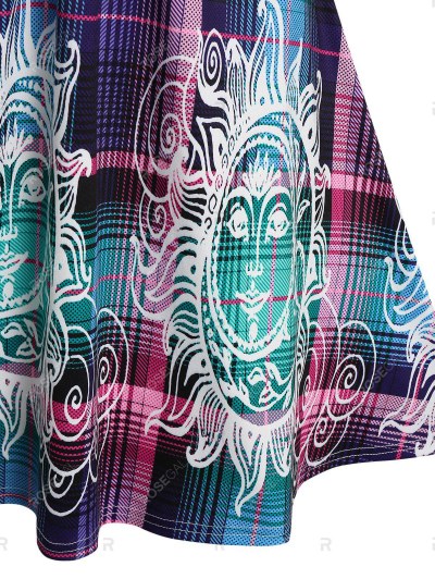 Sleeveless Plaid Sun Moon Print Crossover Dress