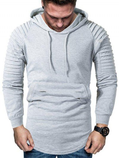 Solid Pleated Raglan Sleeve Ripped Curved Hem Hoodie