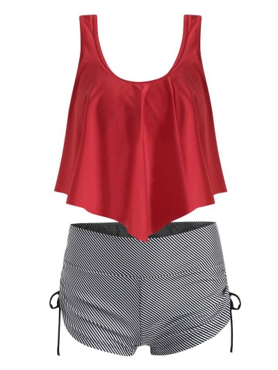 Striped Cinched Flounce Overlay Tankini Swimwear