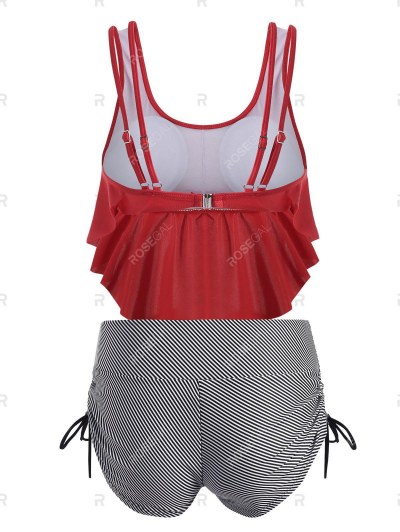 Striped Cinched Flounce Overlay Tankini Swimwear