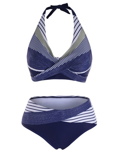 Striped Halter Tied Criss Cross Bikini Swimwear
