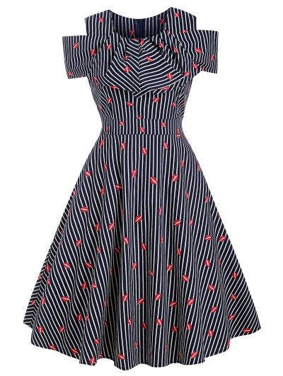 Striped Lip Print Retro A Line Flounce Dress