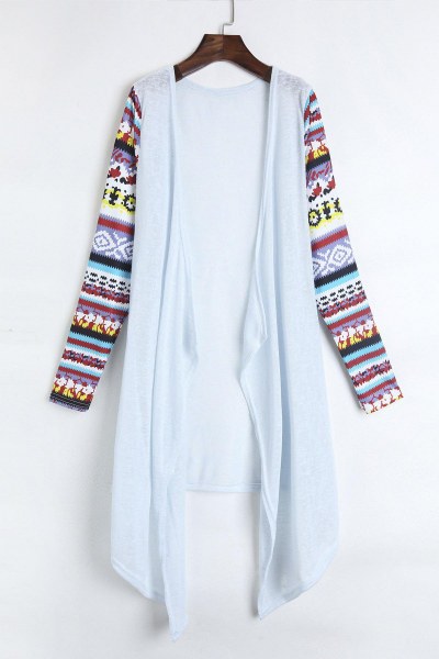 Stylish Collarless Long Sleeve Draped Printed Women's Thin Cardigan