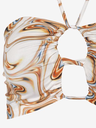 Swirl Marble Oval Cutout Halter Crop Top