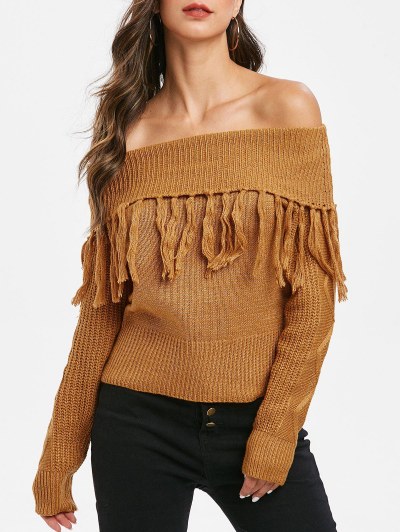Tassel Off Shoulder Foldover Pullover Sweater