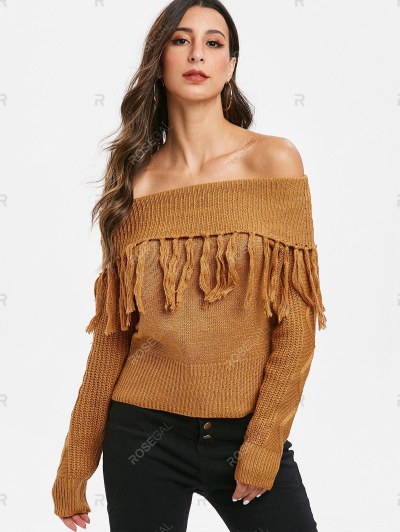Tassel Off Shoulder Foldover Pullover Sweater