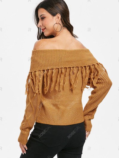 Tassel Off Shoulder Foldover Pullover Sweater